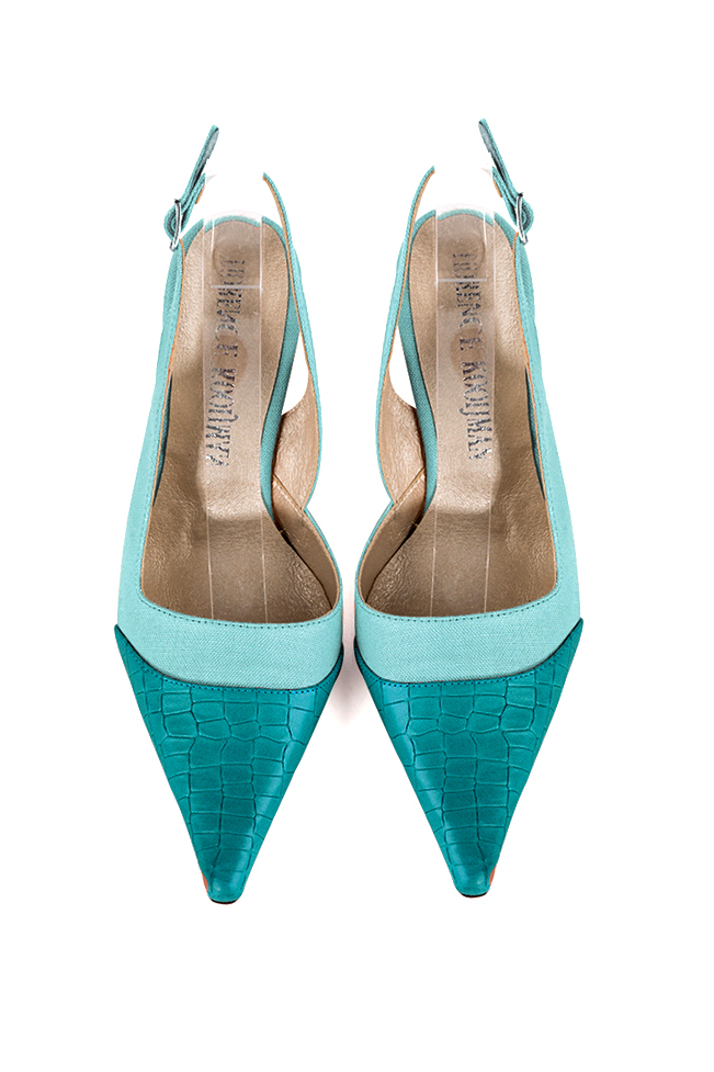 Women's turquoise blue and aquamarine blue slingback dress shoes. Pointed toe. High spool heels - Top view